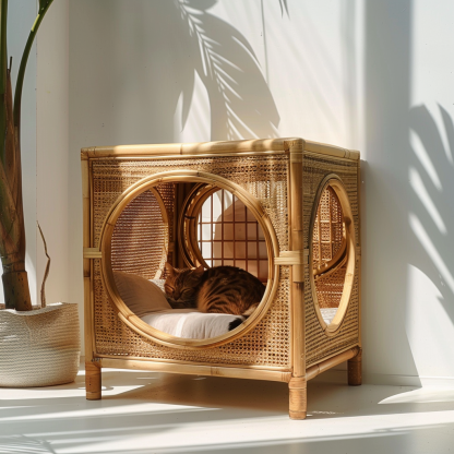 Solid wood cat bed, Chinese-style rattan cat bed, semi-enclosed breathable cat villa, cat house, all-season, creative appearance, horizontal cat bed - Image 2