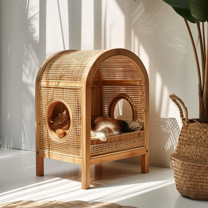 Solid wood cat bed, Chinese-style rattan cat bed, semi-enclosed breathable cat villa, cat house, all-season, creative appearance, horizontal cat bed - Image 3