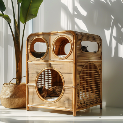 Cat climbing frame, scratch-resistant rattan cat house, closed double-layer cat bed, cat bed, red wall - Image 2