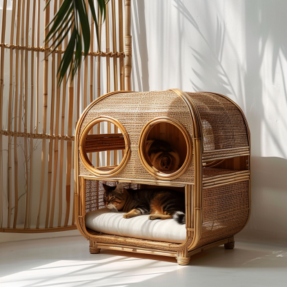 Double-layer cat bed, solid wood cat bed, all-season, semi-enclosed rattan cat bed, home cat, villa cat, cat house cat house - Image 3
