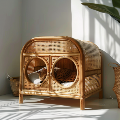 Double-layer cat bed, solid wood cat bed, all-season, semi-enclosed rattan cat bed, home cat, villa cat, cat house cat house - Image 4