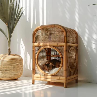 Double-layer cat bed, solid wood cat bed, all-season, semi-enclosed rattan cat bed, home cat, villa cat, cat house cat house - Image 2