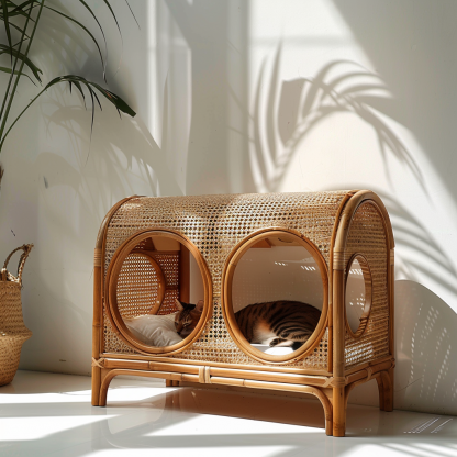 Double-layer cat bed, solid wood cat bed, all-season, semi-enclosed rattan cat bed, home cat, villa cat, cat house cat house - Image 3