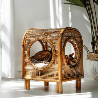 Double-layer cat bed, solid wood cat bed, all-season, semi-enclosed rattan cat bed, home cat, villa cat, cat house cat house - Image 4