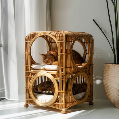 Double-layer cat bed, solid wood cat bed, all-season, semi-enclosed rattan cat bed, home cat, villa cat, cat house cat house - Image 3