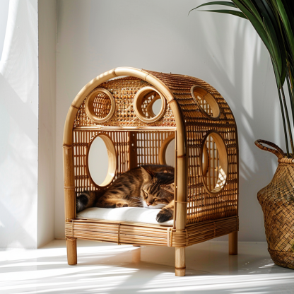 Double-layer cat bed, solid wood cat bed, all-season, semi-enclosed rattan cat bed, home cat, villa cat, cat house cat house - Image 2