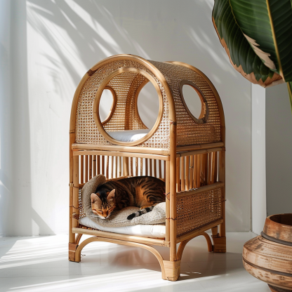 Double-layer cat bed, solid wood cat bed, all-season, semi-enclosed rattan cat bed, home cat, villa cat, cat house cat house - Image 2