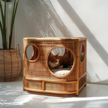 Double-layer cat bed, solid wood cat bed, all-season, semi-enclosed rattan cat bed, home cat, villa cat, cat house cat house - Image 4