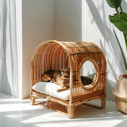Double-layer cat bed, solid wood cat bed, all-season, semi-enclosed rattan cat bed, home cat, villa cat, cat house cat house - Image 3