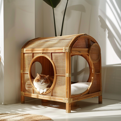Double-layer cat bed, solid wood cat bed, all-season, semi-enclosed rattan cat bed, home cat, villa cat, cat house cat house - Image 4