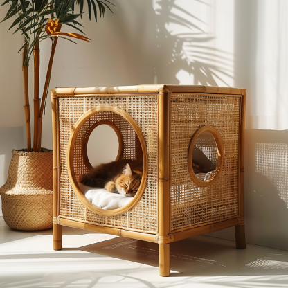 Double-layer cat bed, solid wood cat bed, all-season, semi-enclosed rattan cat bed, home cat, villa cat, cat house cat house - Image 3