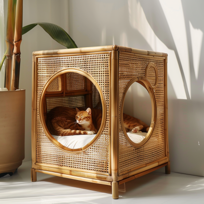 Double-layer cat bed, solid wood cat bed, all-season, semi-enclosed rattan cat bed, home cat, villa cat, cat house cat house - Image 2