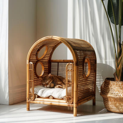 Solid wood cat bed, Chinese-style rattan cat bed, semi-enclosed breathable cat villa, cat house, all-season, creative appearance, horizontal cat bed - Image 3
