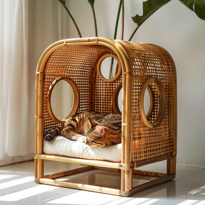 Double-layer cat bed, solid wood cat bed, all-season, semi-enclosed rattan cat bed, home cat, villa cat, cat house cat house - Image 2