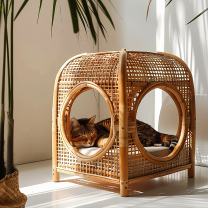 Solid wood cat bed, Chinese-style rattan cat bed, semi-enclosed breathable cat villa, cat house, all-season, creative appearance, horizontal cat bed - Image 2