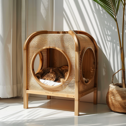 Solid wood cat bed, Chinese-style rattan cat bed, semi-enclosed breathable cat villa, cat house, all-season, creative appearance, horizontal cat bed - Image 2
