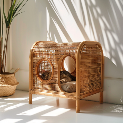 Double-layer cat bed, solid wood cat bed, all-season, semi-enclosed rattan cat bed, home cat, villa cat, cat house cat house - Image 2
