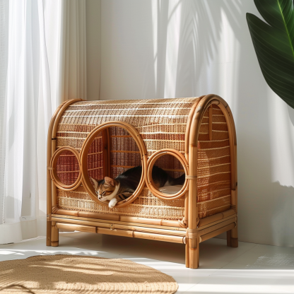 Double-layer cat bed, solid wood cat bed, all-season, semi-enclosed rattan cat bed, home cat, villa cat, cat house cat house - Image 3