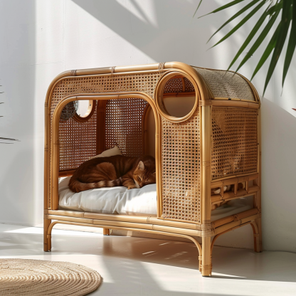 Solid wood cat bed, Chinese-style rattan cat bed, semi-enclosed breathable cat villa, cat house, all-season, creative appearance, horizontal cat bed - Image 2
