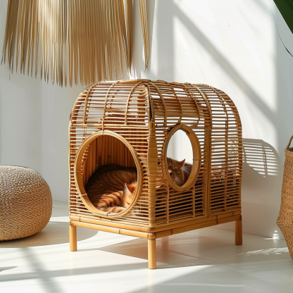 Rattan pet tent, all-season cat bed, cat cage, summer pet bed, semi-enclosed indoor cat house, cat house - Image 3
