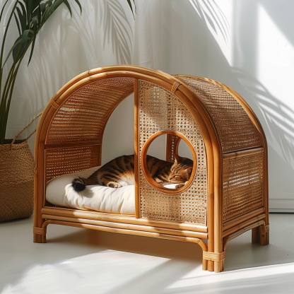 Double-layer cat bed, solid wood cat bed, all-season, semi-enclosed rattan cat bed, home cat, villa cat, cat house cat house - Image 2