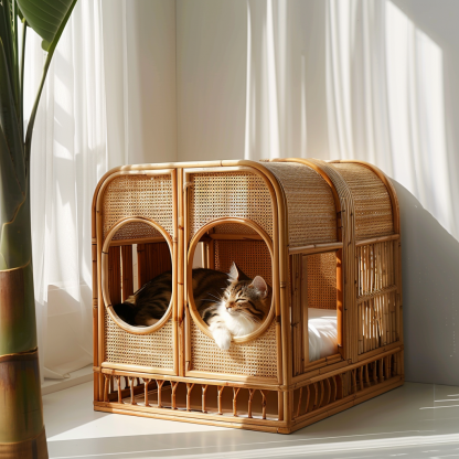 Cat climbing frame, scratch-resistant rattan cat house, closed double-layer cat bed, cat bed, red wall - Image 2