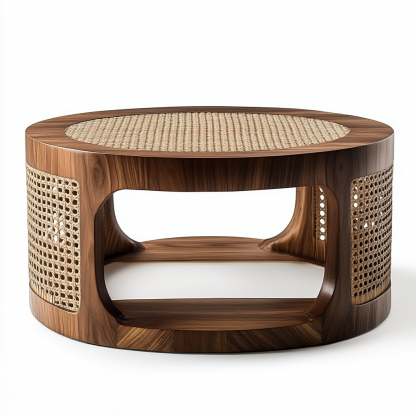 10 Nordic round coffee table, Japanese modern and simple Wabi-y style, retro solid wood rattan woven round artistic low table - Image 9