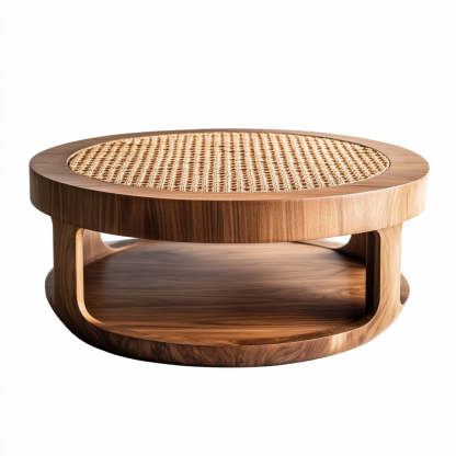 10 Nordic round coffee table, Japanese modern and simple Wabi-y style, retro solid wood rattan woven round artistic low table - Image 8