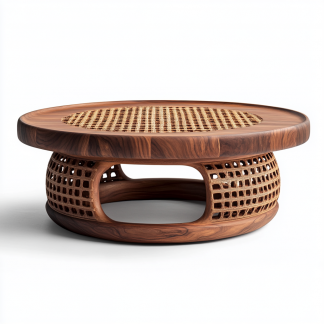 The layout features a modern, simple, light luxury and high-end designer rattan coffee table