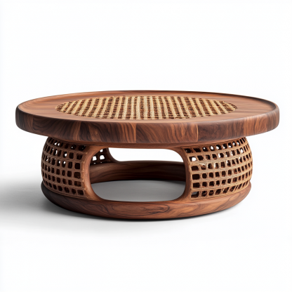 The layout features a modern, simple, light luxury and high-end designer rattan coffee table