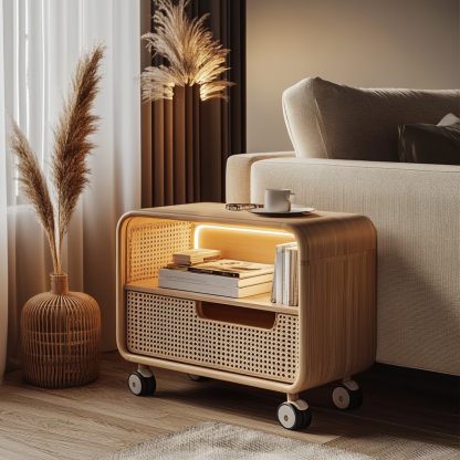 Wabi-sabi style solid wood rattan cart, living room home sofa, several storage racks, storage racks and storage racks - Image 8