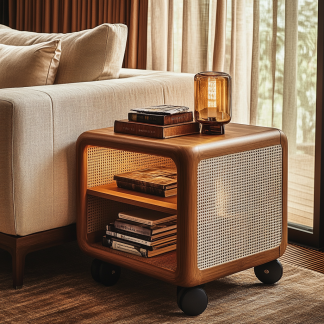 Wabi-sabi style solid wood rattan cart, living room home sofa, several storage racks, storage racks and storage racks