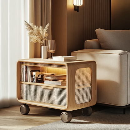 Wabi-sabi style solid wood rattan cart, living room home sofa, several storage racks, storage racks and storage racks - Image 6