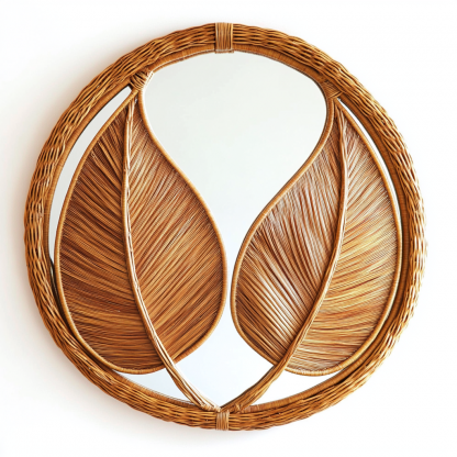 French retro rattan leaf wall decoration, entrance mirror, bedroom makeup mirror, and decorative mirror for homestays and hotels - Image 2