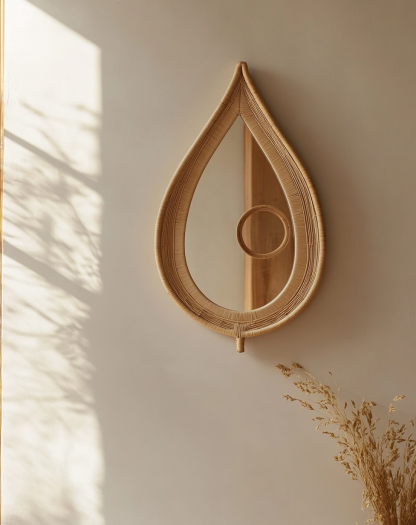 Wabi-sabi style wicker leaf-shaped wall-mounted makeup mirror, wall decoration of the homestay, entrance wall and foyer wall decoration - Image 9