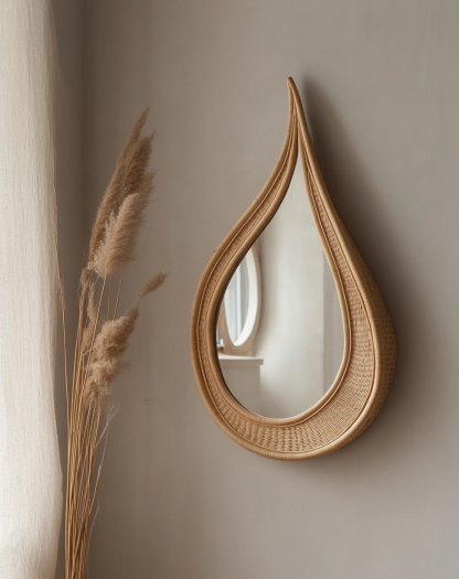 Wabi-sabi style rattan woven mirror, living room and bedroom wall-mounted dressing mirror, creative handcrafted teardrop-shaped woven decorative mirror - Image 8