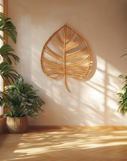 Wabi-sabi style wicker leaf-shaped wall-mounted makeup mirror, wall decoration of the homestay, entrance wall and foyer wall decoration