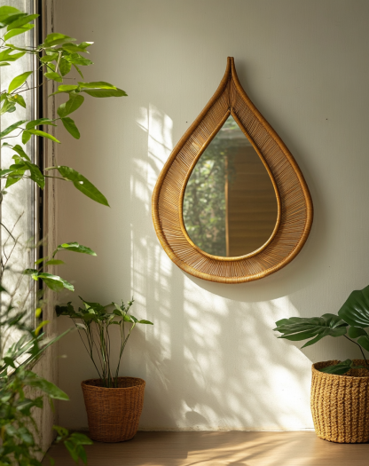 Wabi-sabi style wicker leaf-shaped wall-mounted makeup mirror, wall decoration of the homestay, entrance wall and foyer wall decoration - Image 5