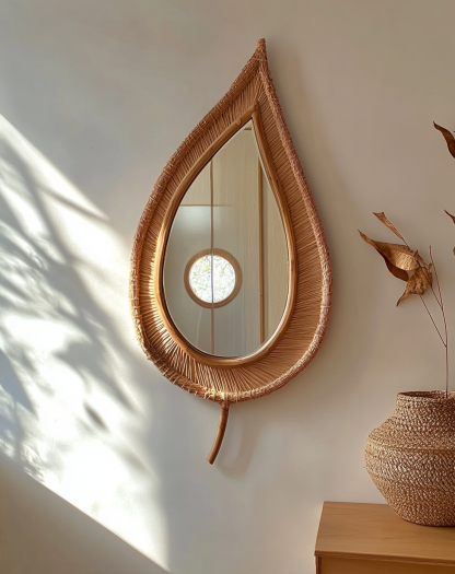 Wabi-sabi style rattan wall decorative mirror, retro homestay rattan handcrafted dressing mirror, bedroom round mirror - Image 9