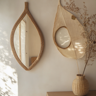 Wabi-sabi style rattan makeup mirror, home bedroom dressing table mirror, guesthouse, hotel and club