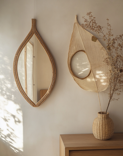 Wabi-sabi style rattan makeup mirror, home bedroom dressing table mirror, guesthouse, hotel and club