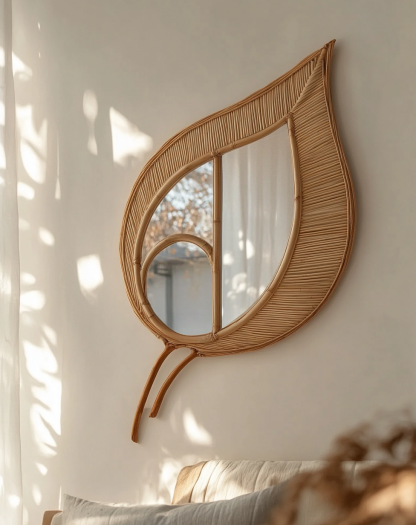 Wabi-sabi style rattan woven mirror, living room and bedroom wall-mounted dressing mirror, creative handcrafted teardrop-shaped woven decorative mirror - Image 9
