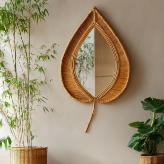Wabi-sabi style wicker mirror, stand mirror, Nordic retro handcrafted makeup table mirror, dressing table, small round mirror