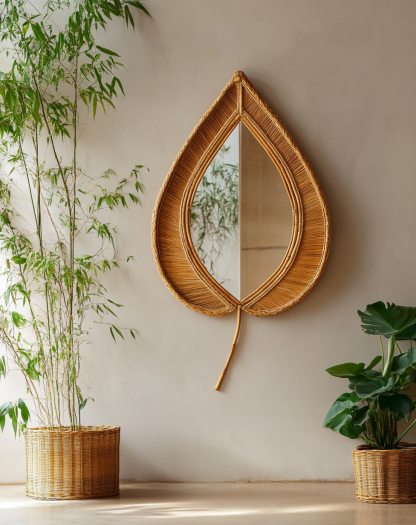 Wabi-sabi style wicker mirror, stand mirror, Nordic retro handcrafted makeup table mirror, dressing table, small round mirror