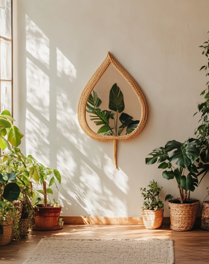 Wabi-sabi style rattan woven mirror, living room and bedroom wall-mounted dressing mirror, creative handcrafted teardrop-shaped woven decorative mirror - Image 4