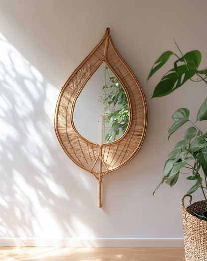 Wabi-sabi style rattan woven mirror, living room and bedroom wall-mounted dressing mirror, creative handcrafted teardrop-shaped woven decorative mirror - Image 2