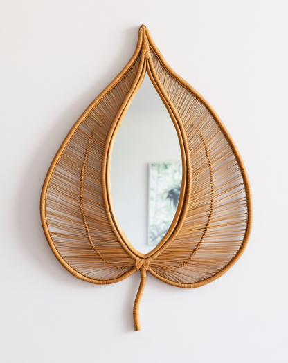 Wabi-sabi style wicker leaf-shaped wall-mounted makeup mirror, wall decoration of the homestay, entrance wall and foyer wall decoration - Image 2
