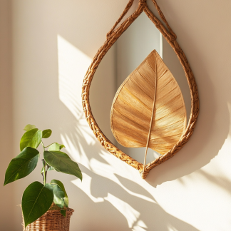 Wicker mirror, living room and bedroom wall-mounted dressing mirror, creative handcrafted teardrop-shaped decorative mirror, photo prop