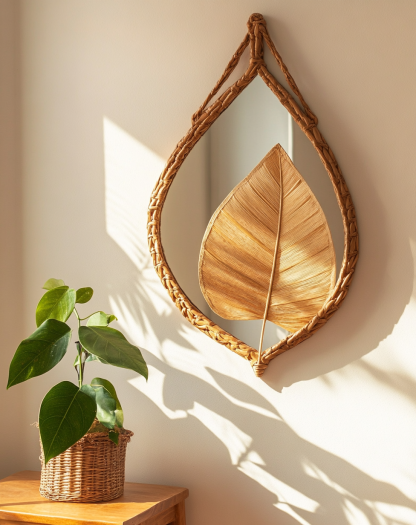 Wicker mirror, living room and bedroom wall-mounted dressing mirror, creative handcrafted teardrop-shaped decorative mirror, photo prop