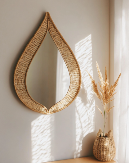 Wicker mirror, living room and bedroom wall-mounted dressing mirror, creative handcrafted teardrop-shaped decorative mirror, photo prop - Image 3